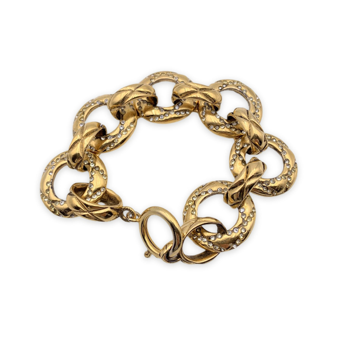 Chanel Vintage Gold Metal Crystals Chain Ring Link Bracelet