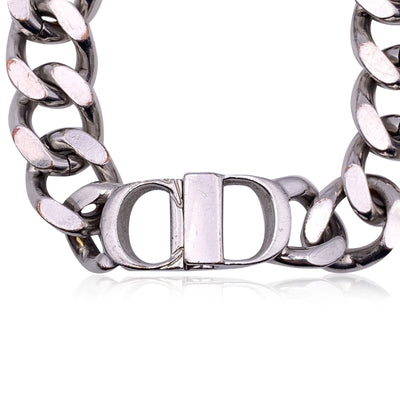 Christian Dior Silver Metal Cuban Chain Link CD Logo Bracelet