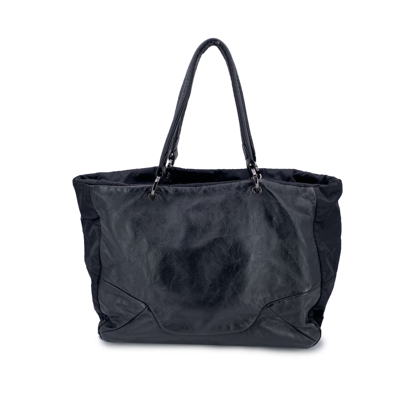 Fay Black Soft Leather and Nylon Canvas Tote Shoulder Bag