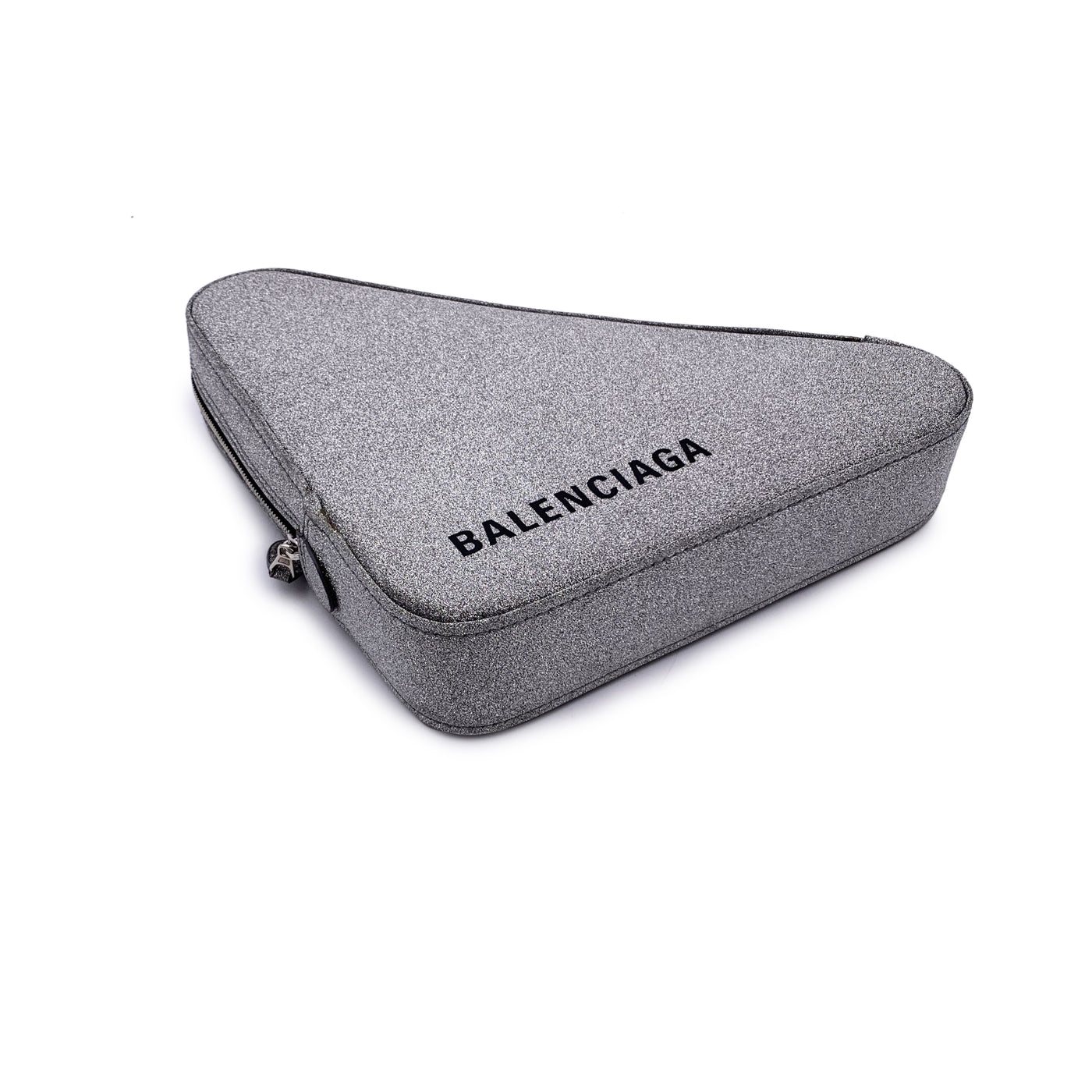 Balenciaga Silver Glitter Logo Print Triangle Clutch Bag Pochette