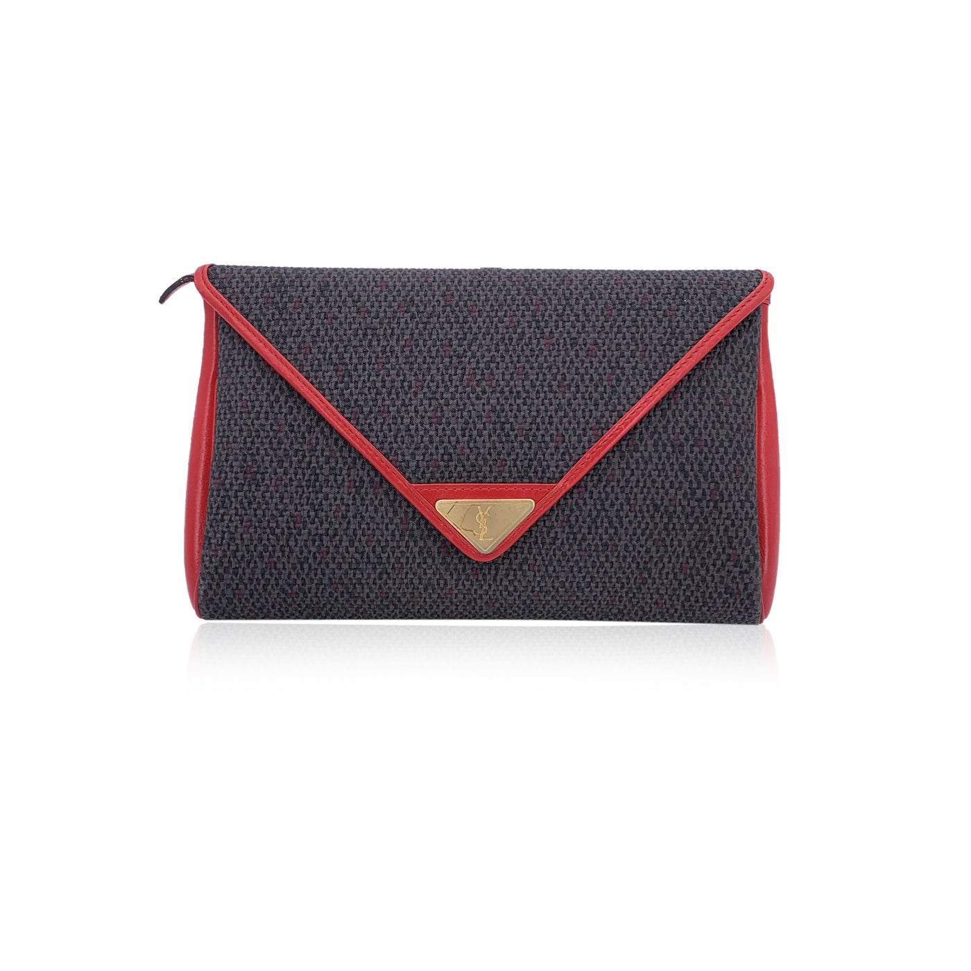 Yves Saint Laurent Vintage Grey Red Textured Canvas Clutch Bag
