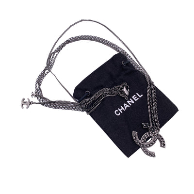 Chanel Gunmetal Double Chain CC Logo Pendant Necklace