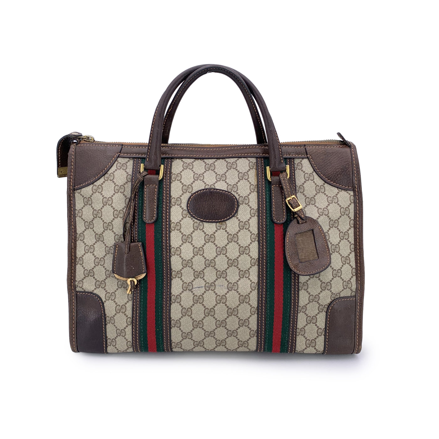 Gucci Vintage Brown Monogram Canvas Satchel Bag with Stripes