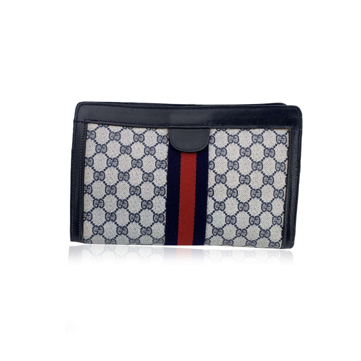 Gucci Vintage Blue Monogram Canvas Cosmetic Bag Clutch Stripes