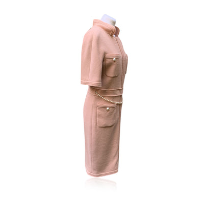 Chanel 2012 Baby Pink Tweed Midi Dress with Pearl Belt Size 38 FR