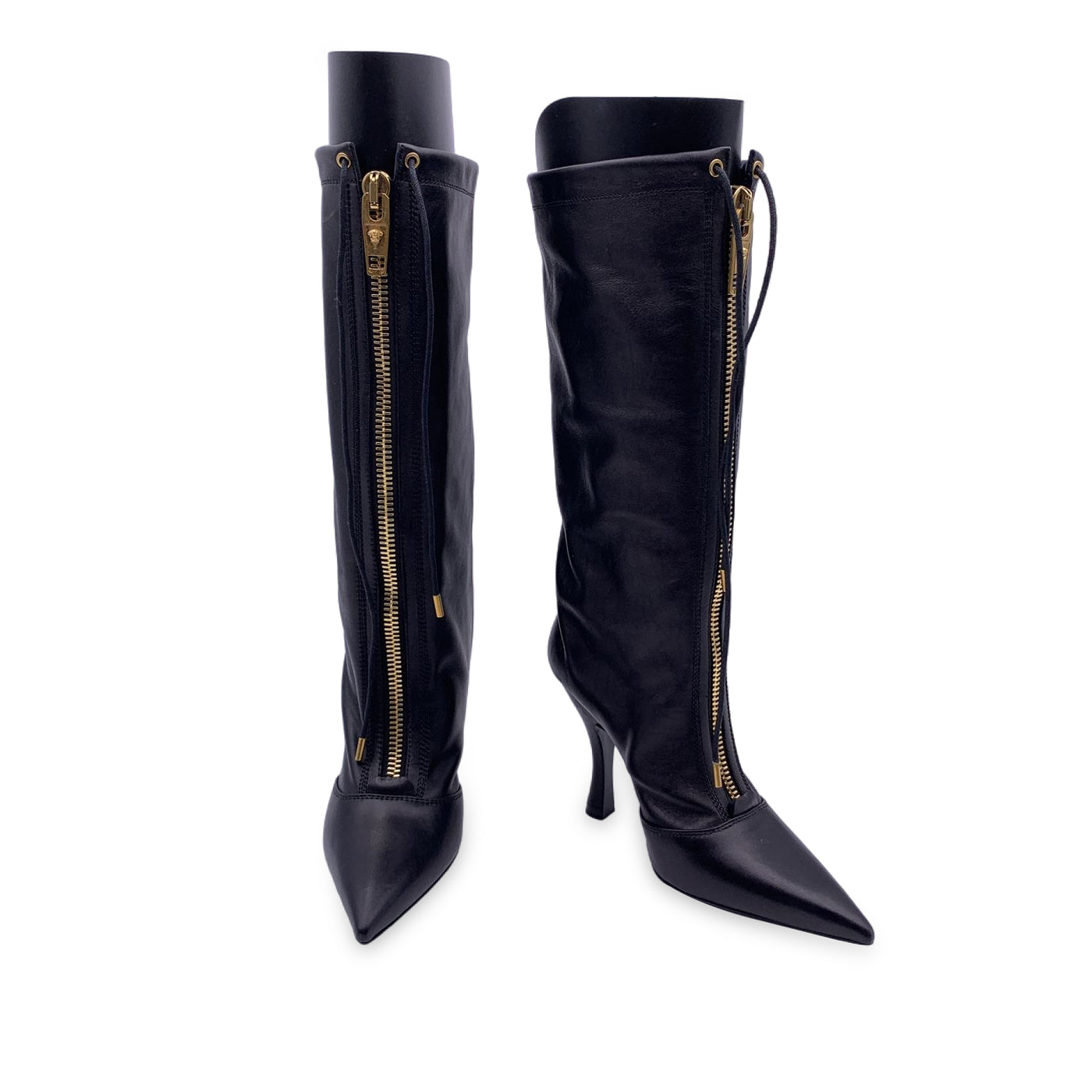 Versace Black Leather Heeled Boots with Central Zip Size 36