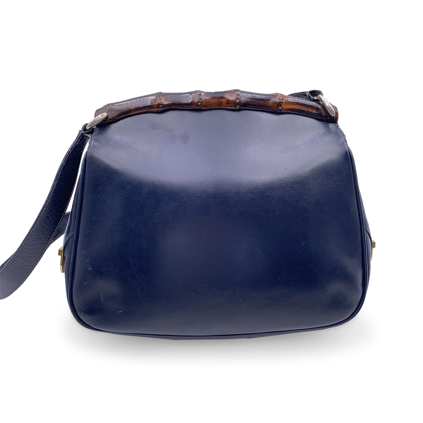 Gucci Vintage Navy Blue Leather Bamboo Flap Shoulder Bag