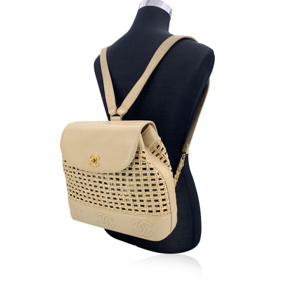 Chanel Vintage Beige Leather and Straw Backpack Shoulder Bag