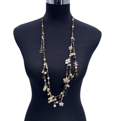 Chanel Camelia Flowers and CC Logos Long Multi Strand Necklace