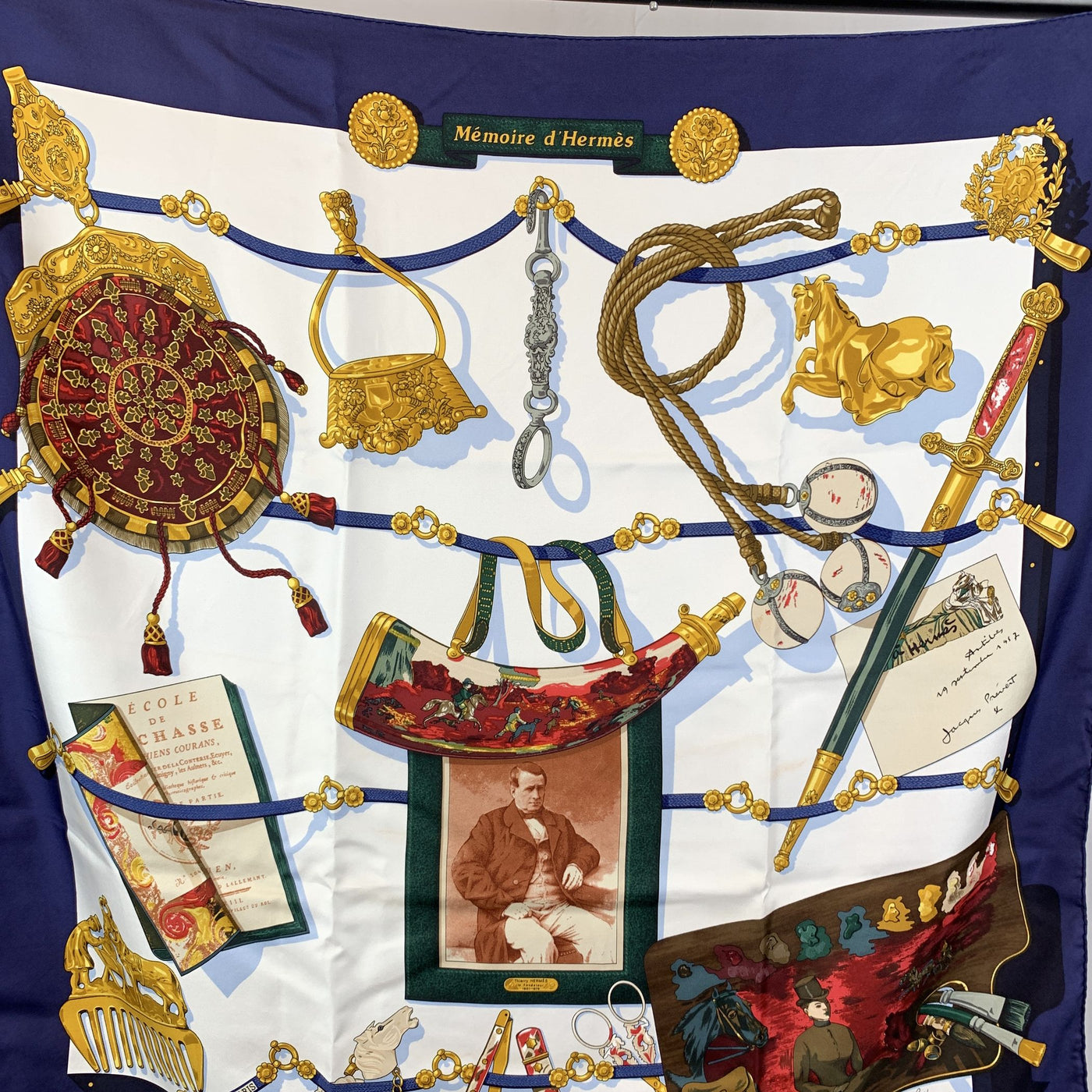 Hermes Vintage Silk Scarf 1992 Memoires D'Hermes Latham Blue