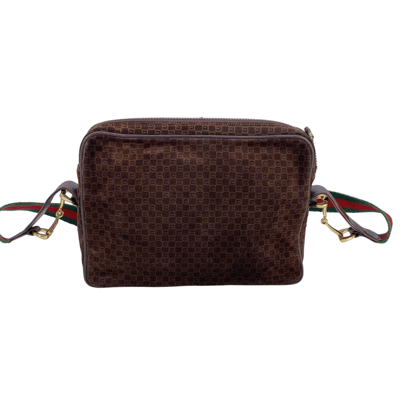 Gucci Vintage Brown Monogram Suede Web Shoulder Bag