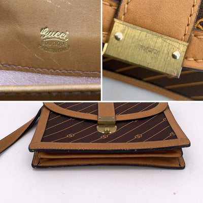 Gucci Vintage Brown Logo Canvas GG Tan Leather Wrist Bag
