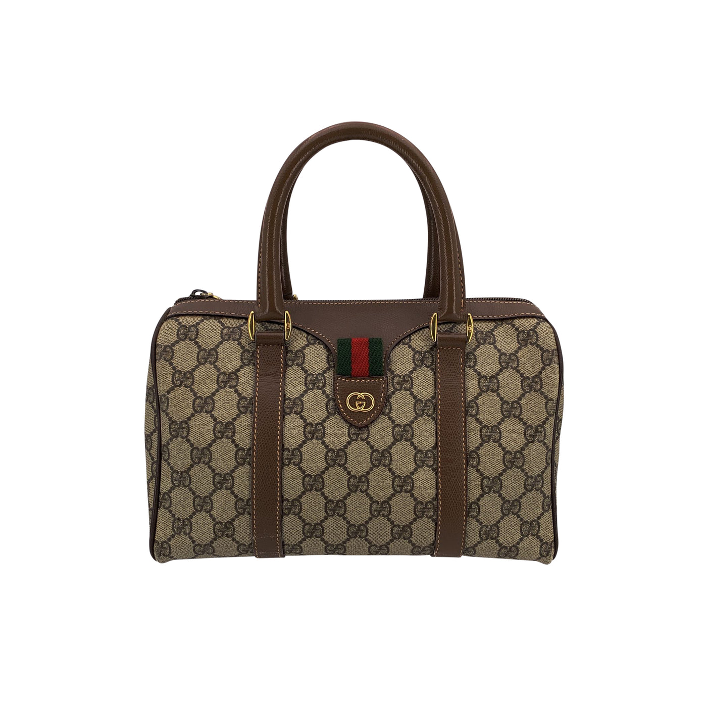 Gucci Vintage Beige Monogram Canvas and Leather Web Boston Bag