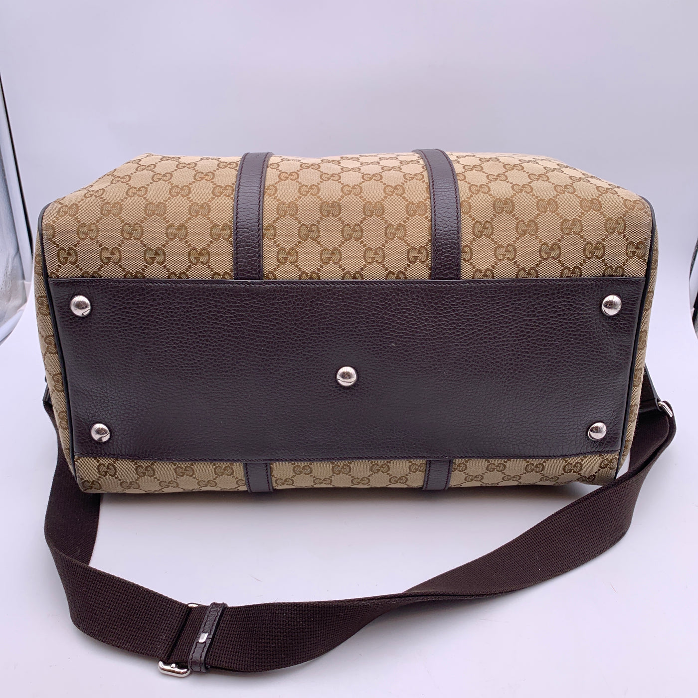 Gucci Beige Monogram Canvas Duffle Weekender Travel Bag with Strap