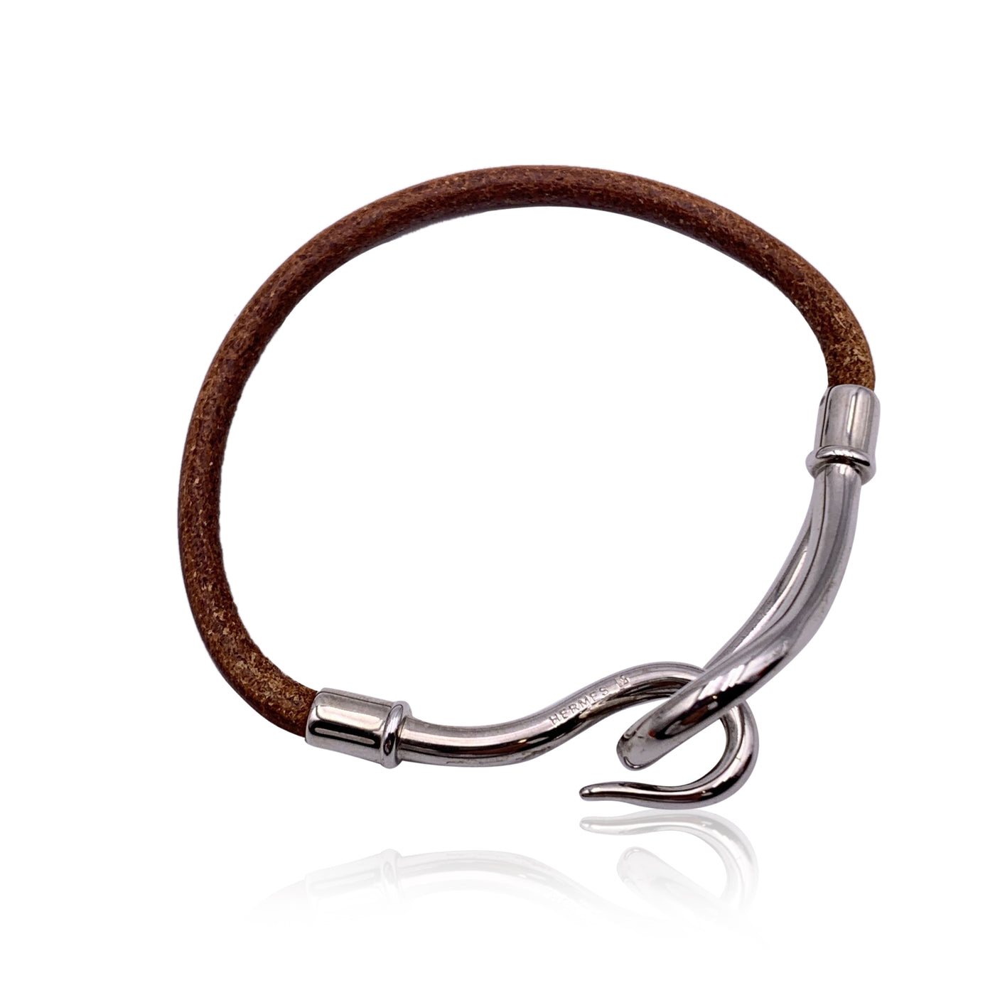 Hermes Light Brown Leather Silver Metal Jumbo Hook Bracelet