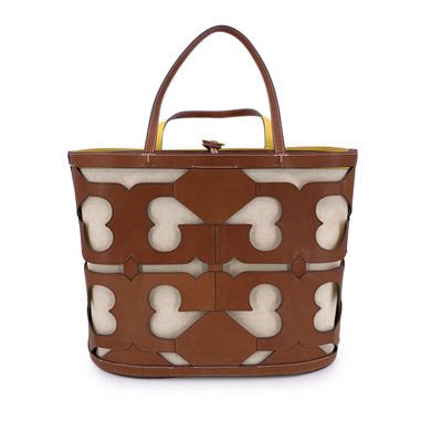 Tory Burch Brown Cut Out Logo Leather and Canvas Ella Tote Bag