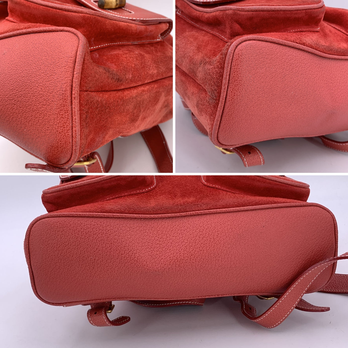 Gucci Vintage Red Suede and Leather Bamboo Backpack Shoulder Bag