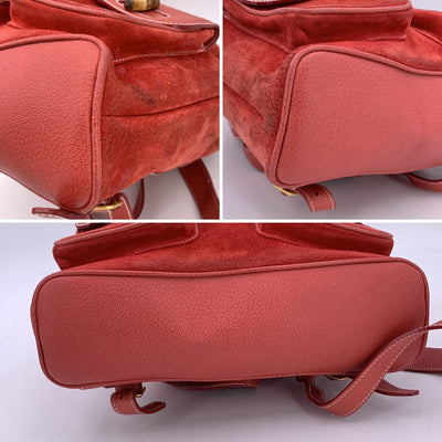 Gucci Vintage Red Suede and Leather Bamboo Backpack Shoulder Bag