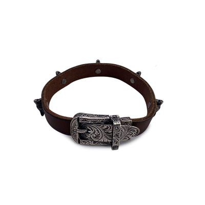 Gucci Brown Leather and Silver Bracelet Wolf Heads Studs Size 18