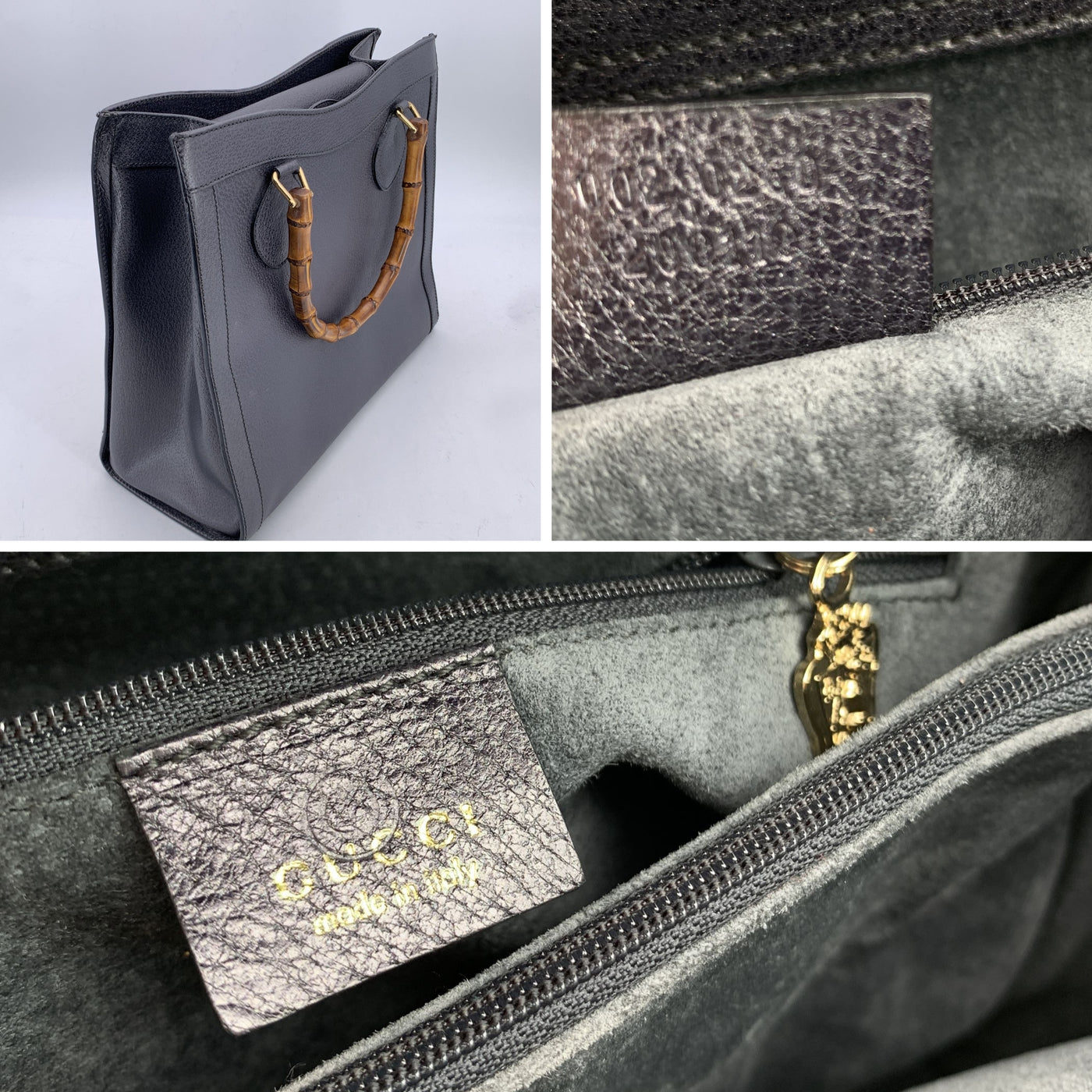 Gucci Vintage Dark Grey Leather Bamboo Princess Diana Tote Bag