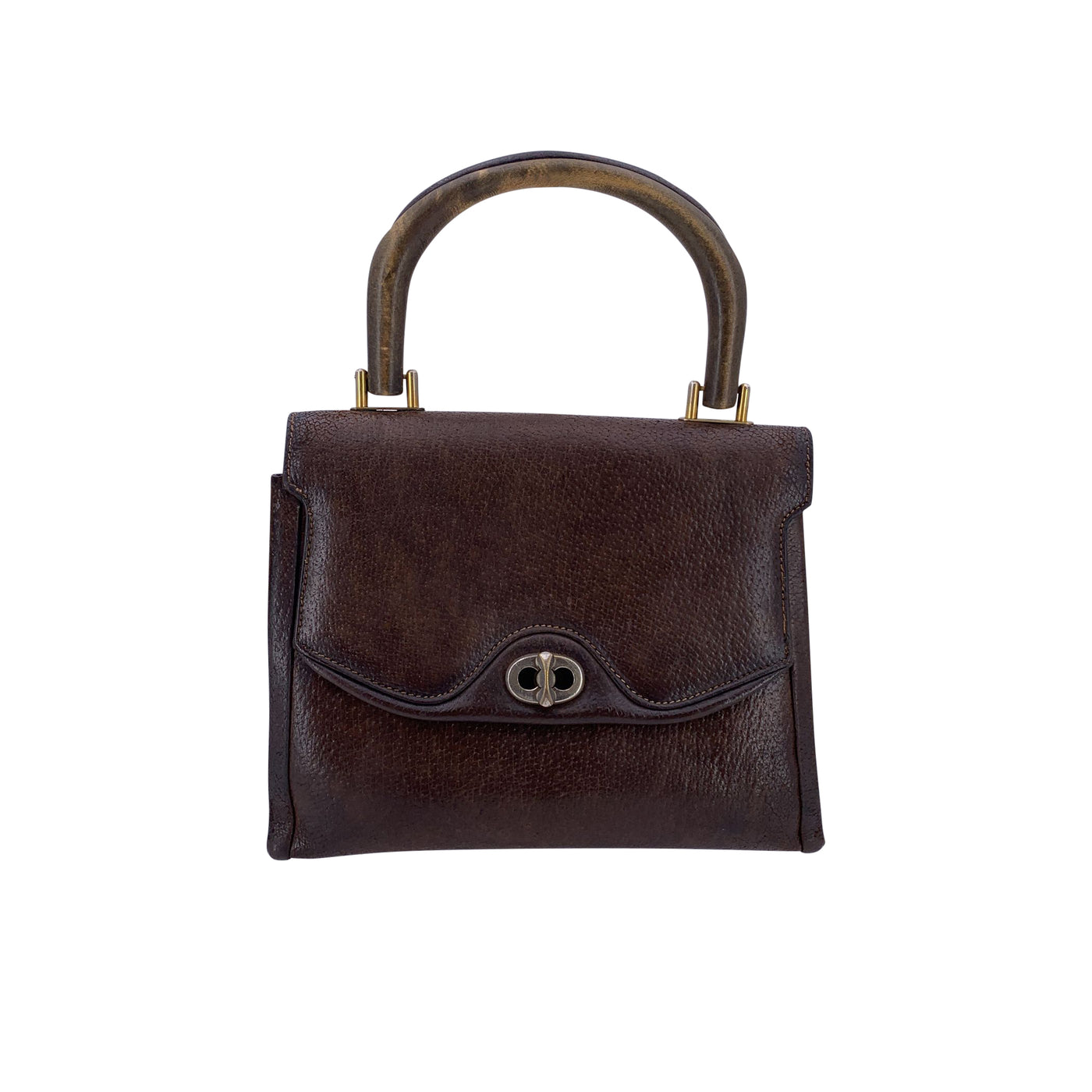 Gucci Vintage Brown Leather Top Wood Handle Bag Handbag
