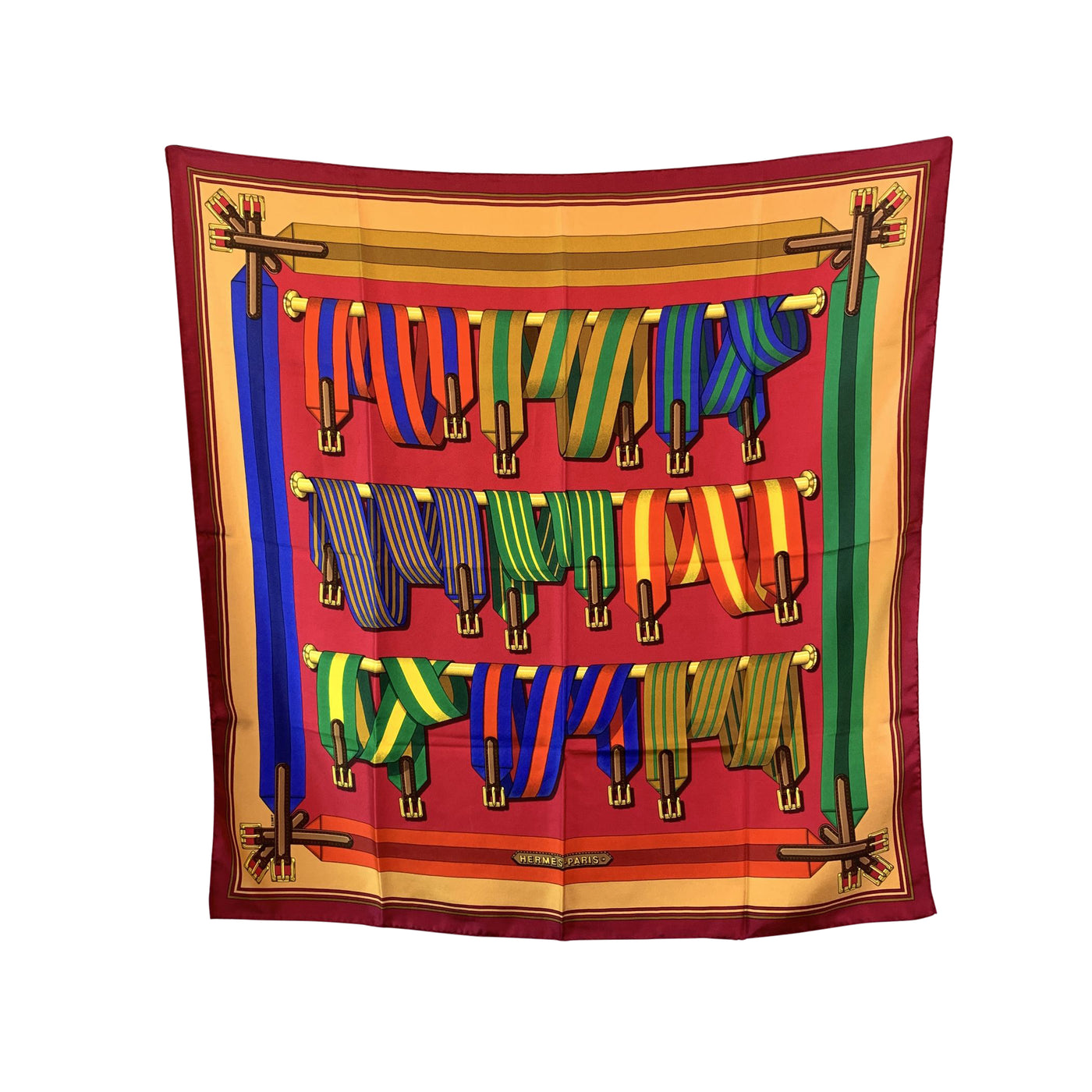 Hermes Vintage Silk Scarf Les Sangles Belts 1985 Metz Magenta