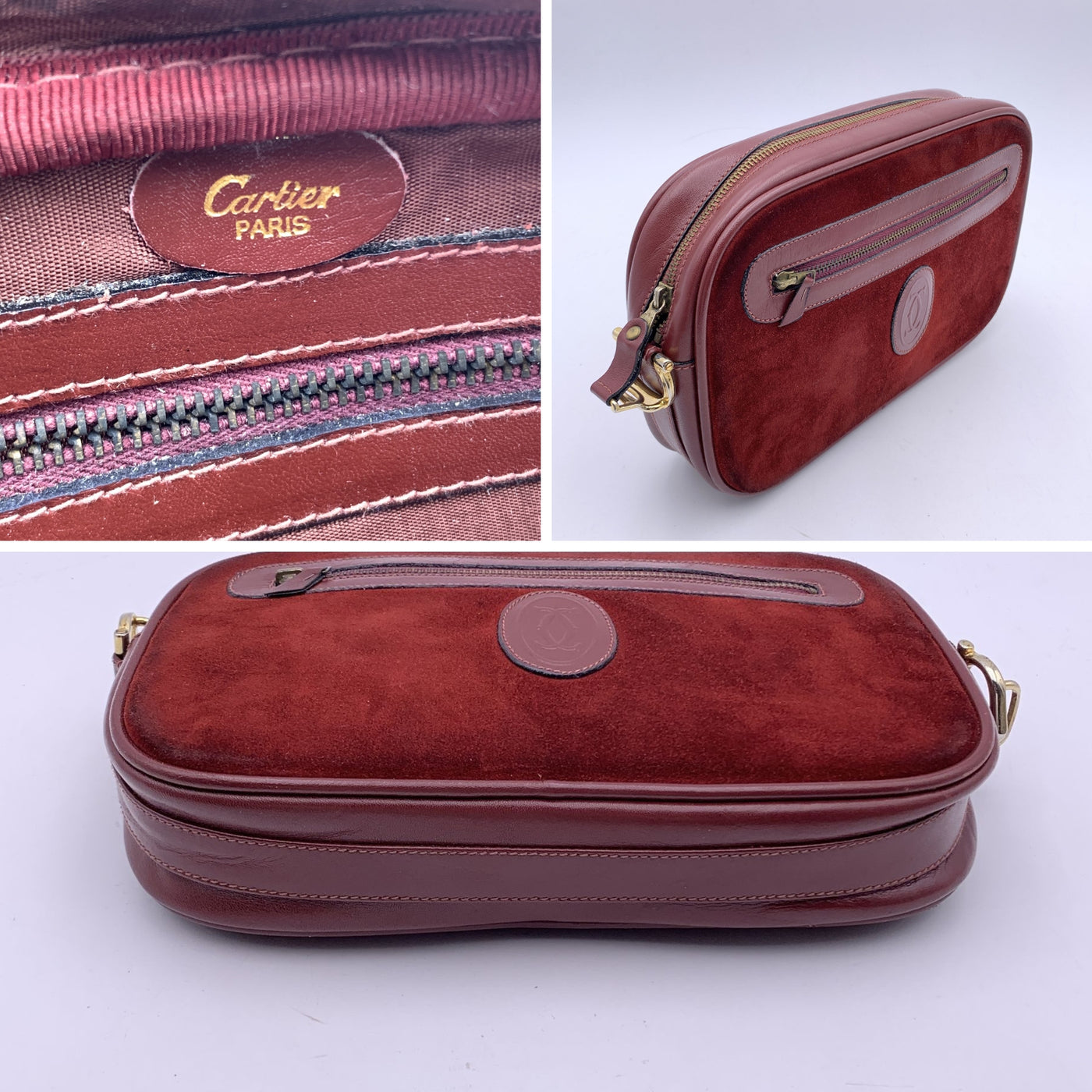 Cartier Vintage Burgundy Suede and Leather Clutch Pochette