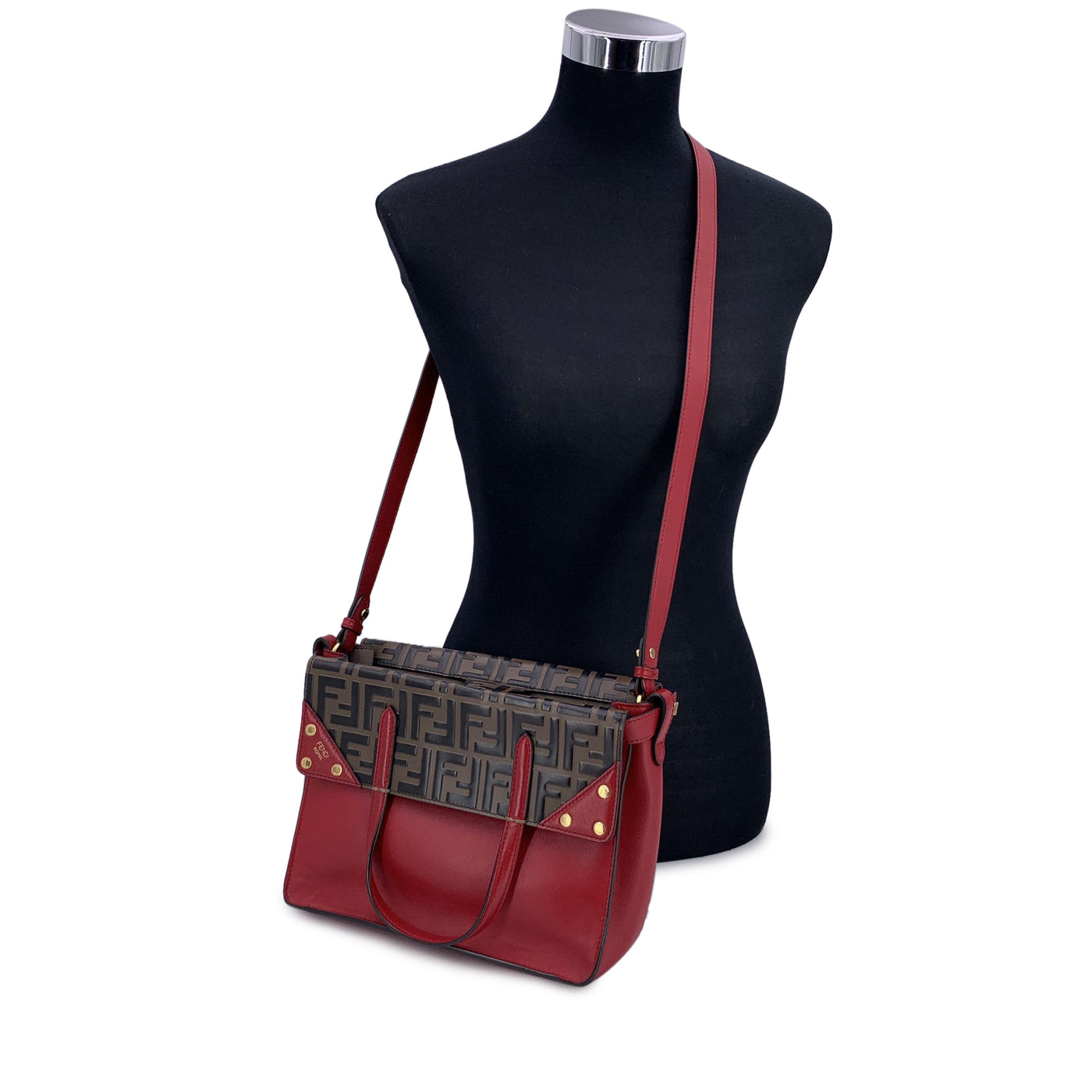 Fendi Red Bi Color FF Monogram Embossed Leather Flip Tote Bag