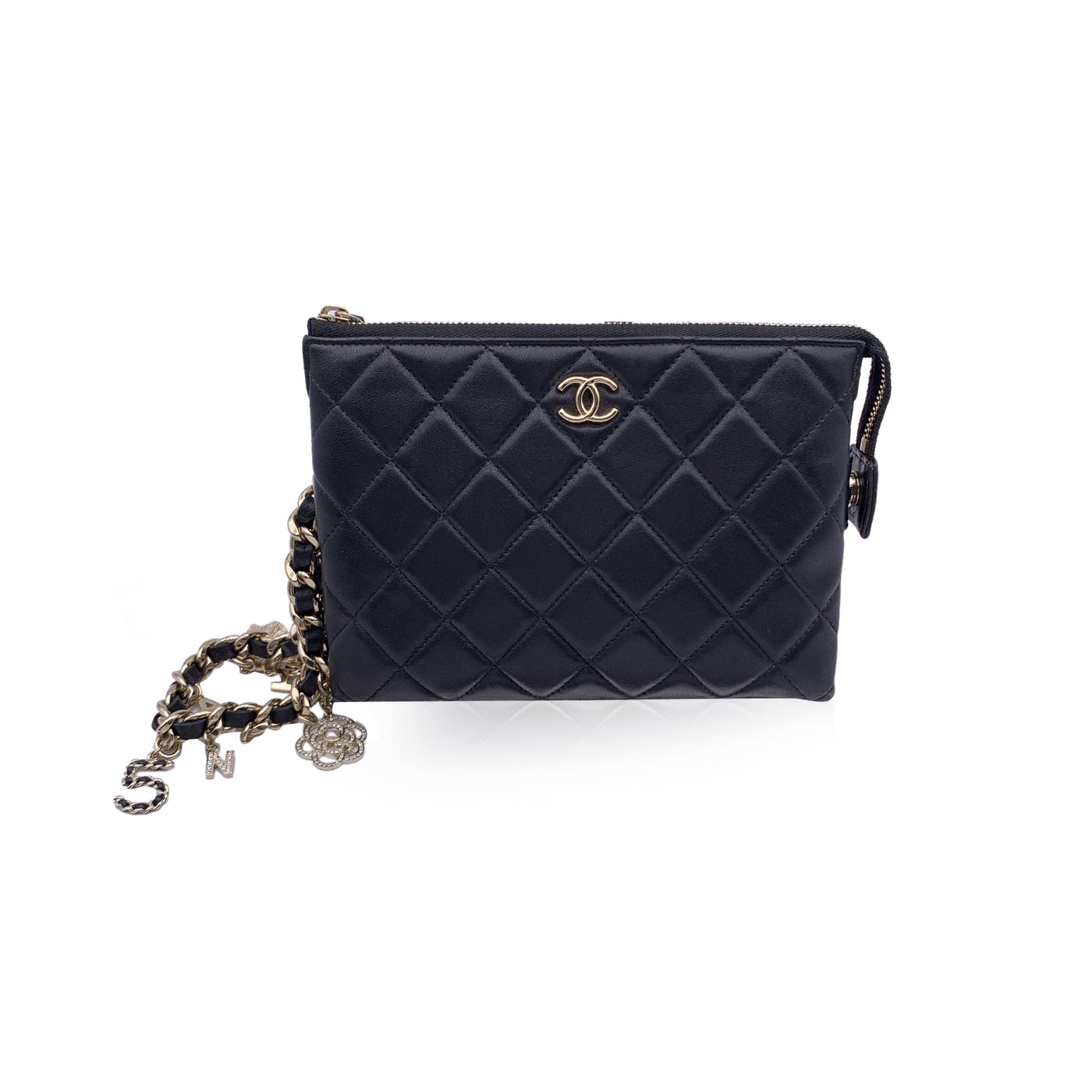 Chanel 2021 Black Quilted Leather Pouch Coco Charms Clutch Bag