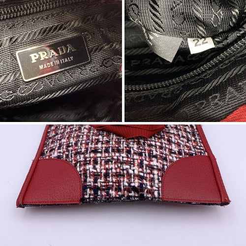 Prada Red Tweed and Leather Small Flat Tote Handbag Satchel