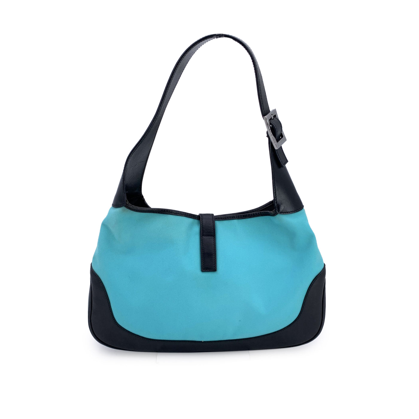 Gucci Turquoise Canvas Black Leather Jackie Hobo Bag Handbag