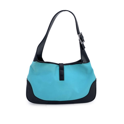 Gucci Turquoise Canvas Black Leather Jackie Hobo Bag Handbag