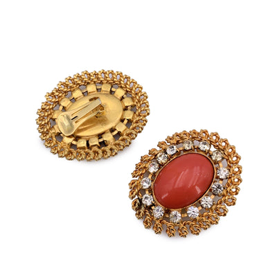 Gianfranco Ferre Vintage Gold Metal Oval Cabochon Clip On Earrings