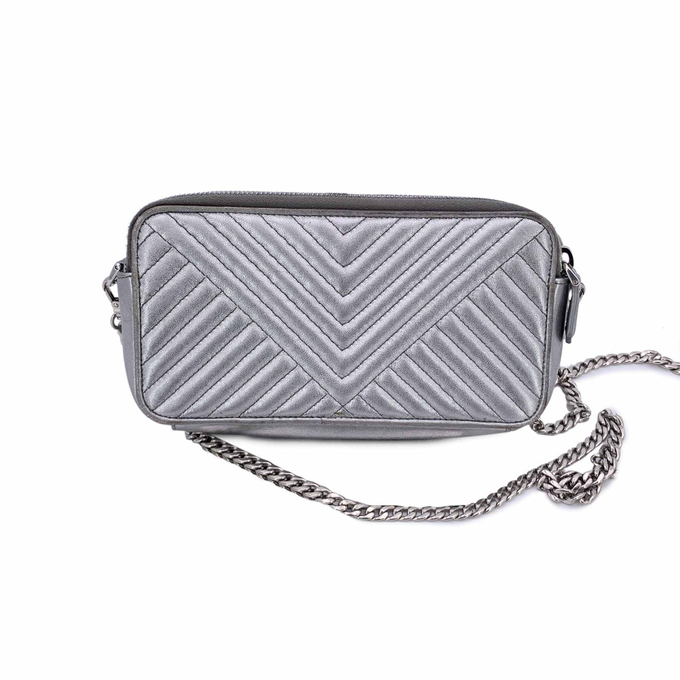 Prada Silver Metal Quilted Leather Diagramme Wallet on Chain Bag