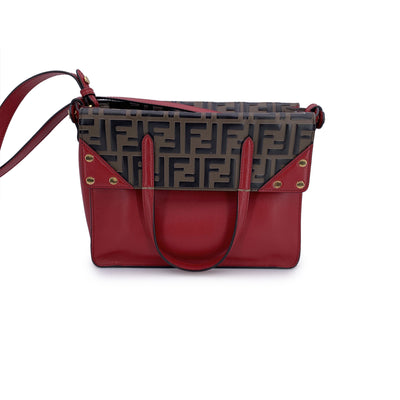 Fendi Red Bi Color FF Monogram Embossed Leather Flip Tote Bag