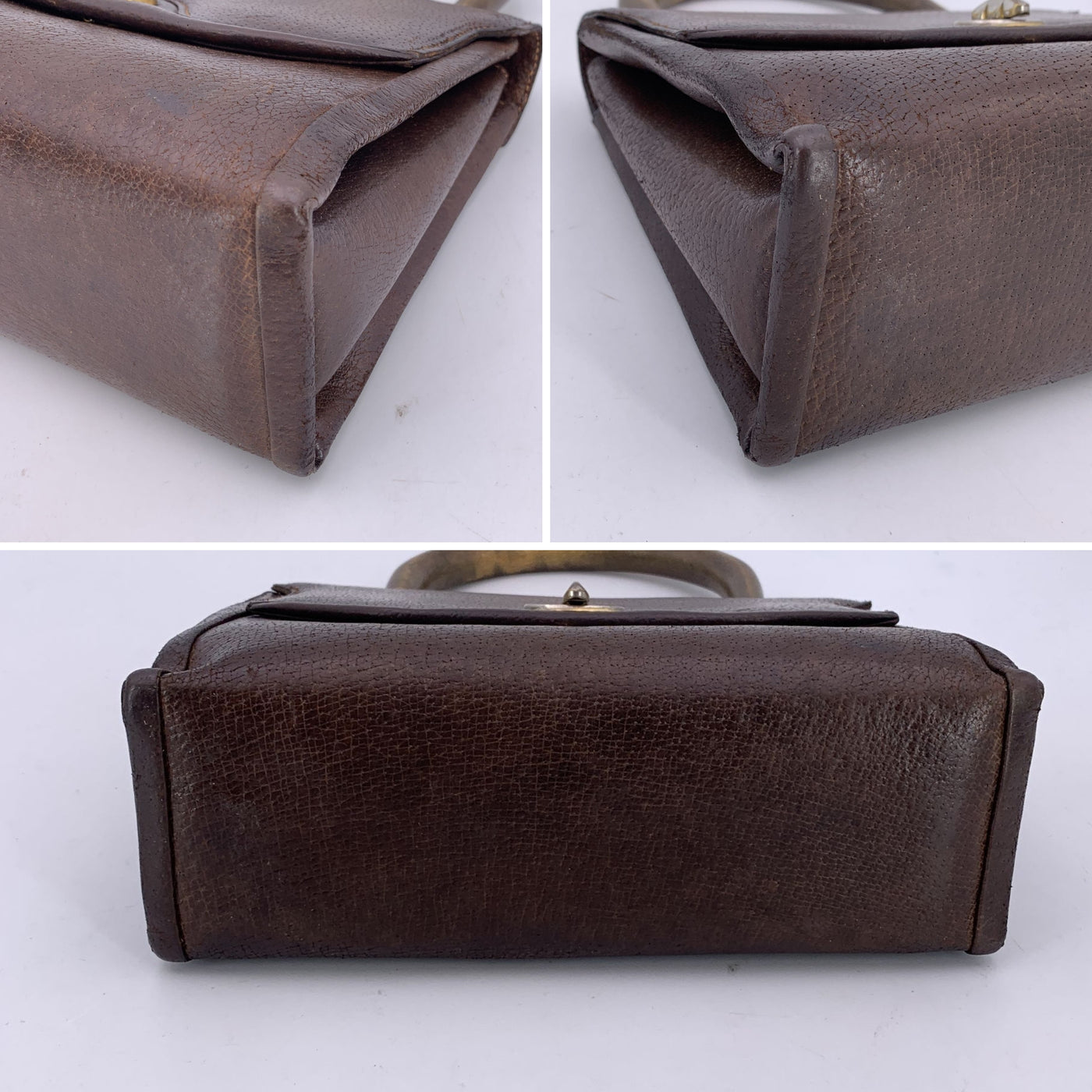Gucci Vintage Brown Leather Top Wood Handle Bag Handbag