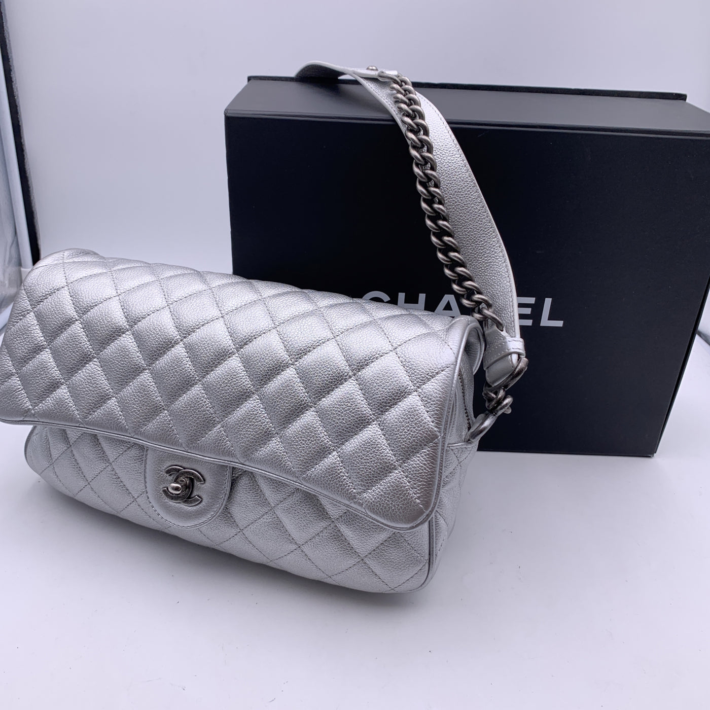 Chanel 2016 Silver Quilted Leather Airline Easy Flap Shoulder Bag