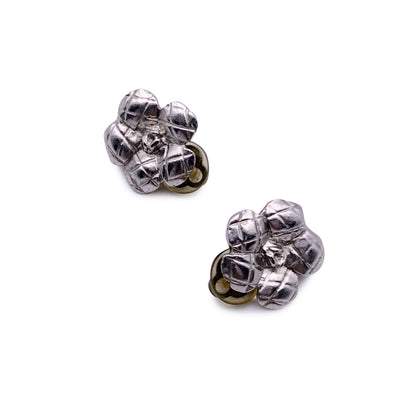 Chanel Vintage Silver Metal Quilted Camellia Flower Clip On Earrings