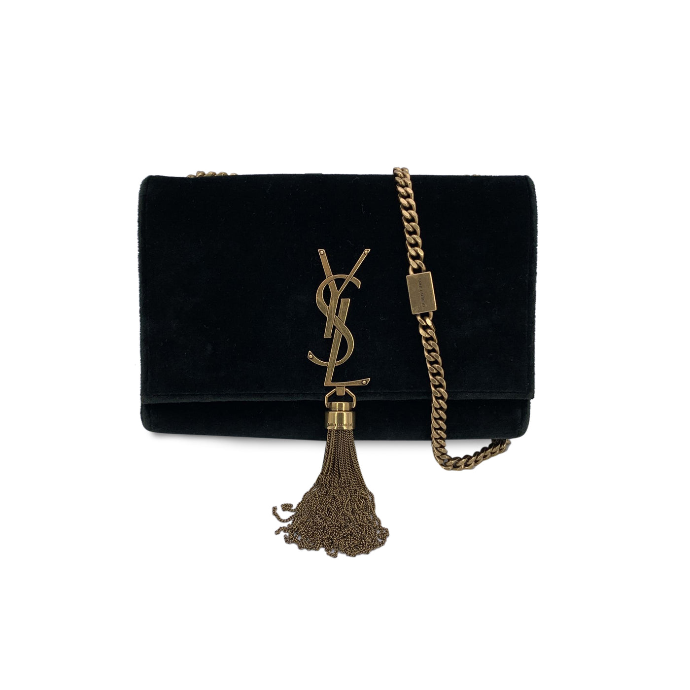 Saint Laurent Dark Green Velvet Logo Kate Tassel Clutch Shoulder Bag