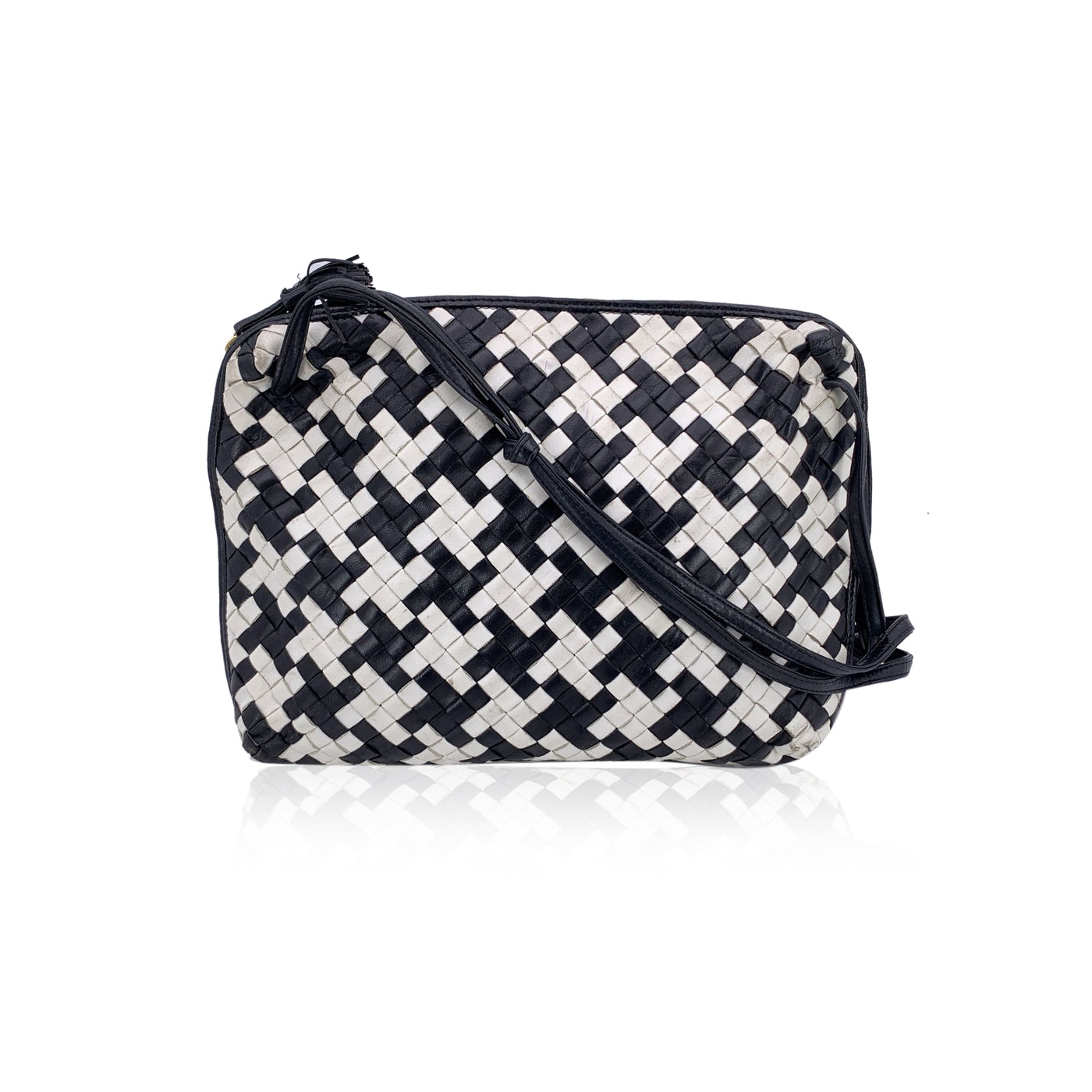 Bottega Veneta Black White Intrecciato Woven Nodini Crossbody Bag