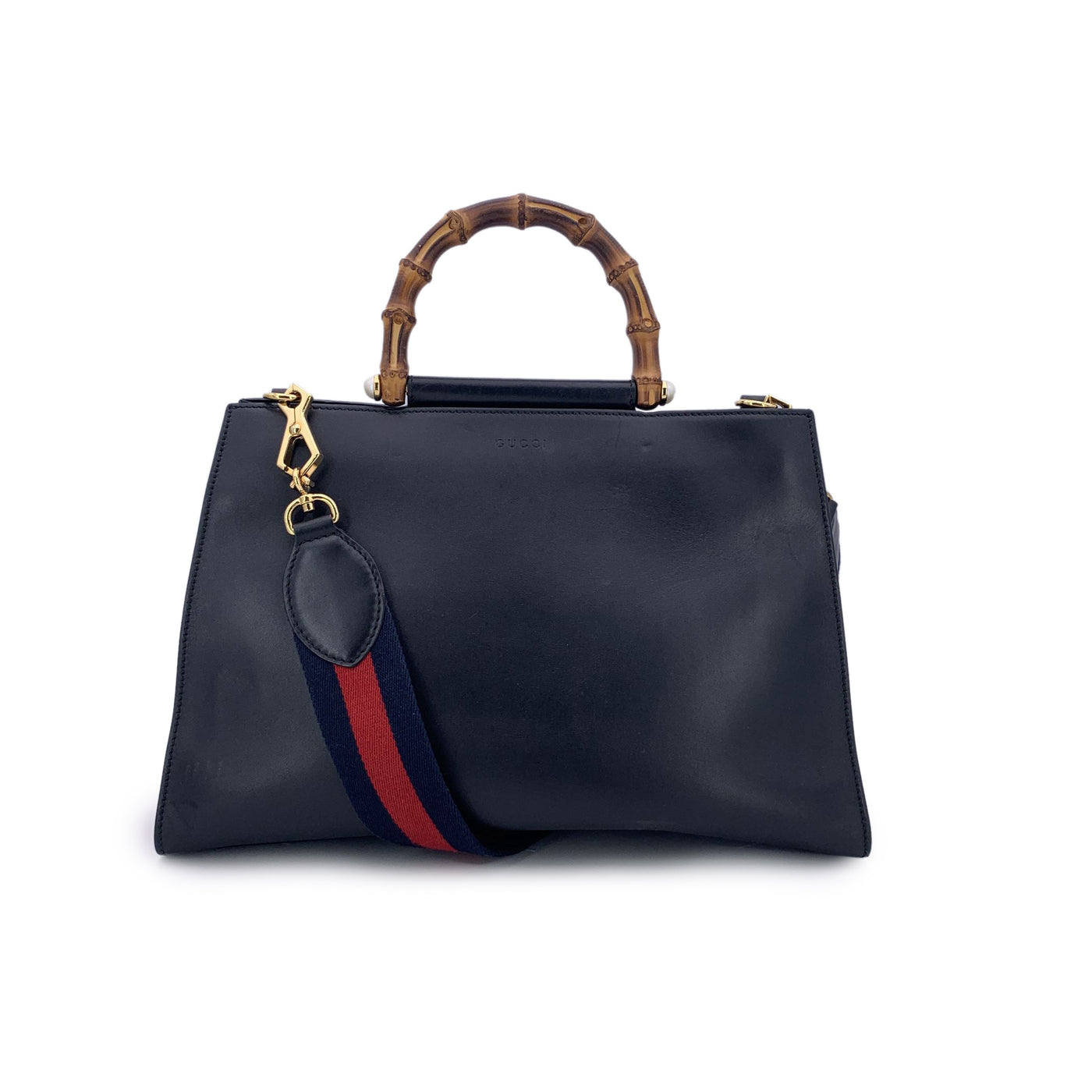 Gucci Black Leather Nymphaea Tote Bag Bamboo Handle with Strap