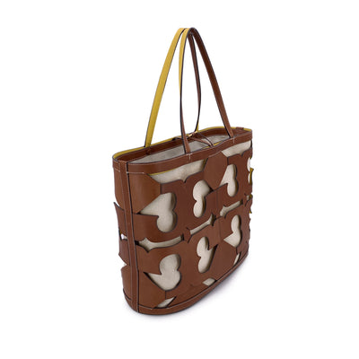 Tory Burch Brown Cut Out Logo Leather and Canvas Ella Tote Bag