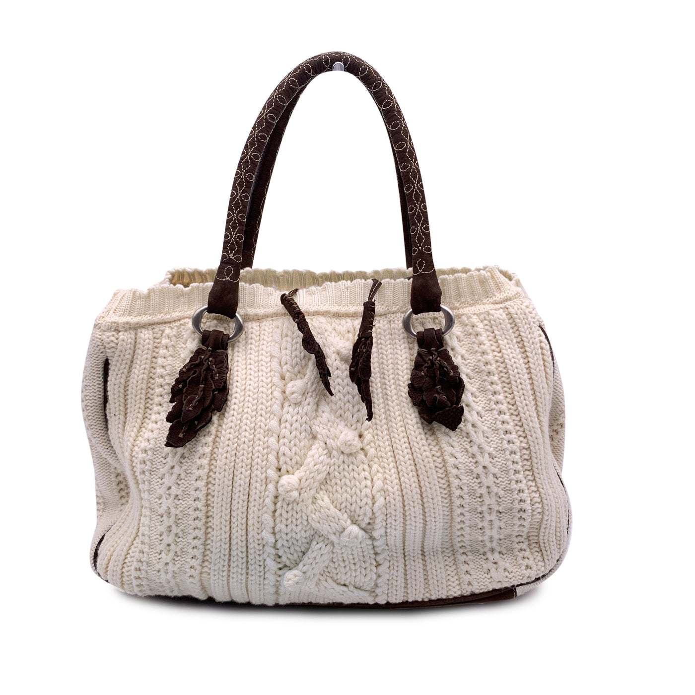 Ermanno Scervino White Brown Wool Knit Tote Shoulder Bag