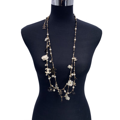 Chanel Camelia Flowers and CC Logos Long Multi Strand Necklace