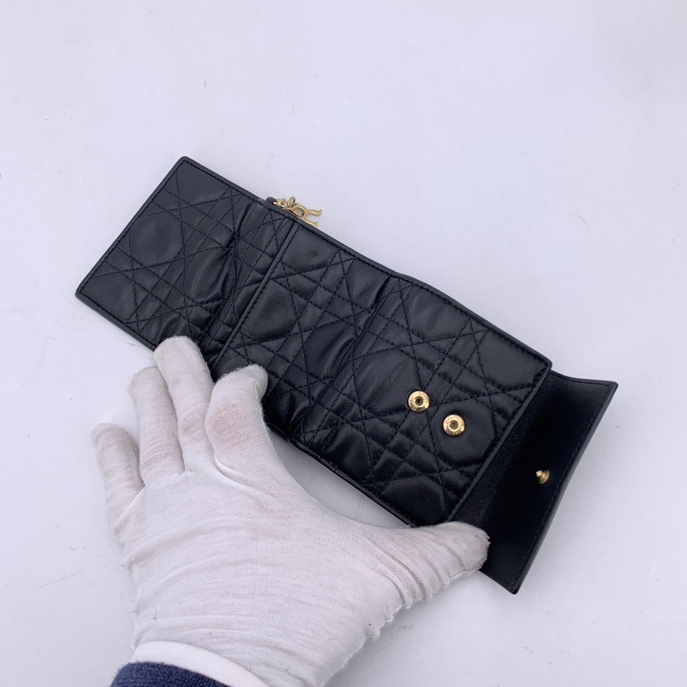 Christian Dior Black Cannage Quilting Leather Small Wallet Coin Purse