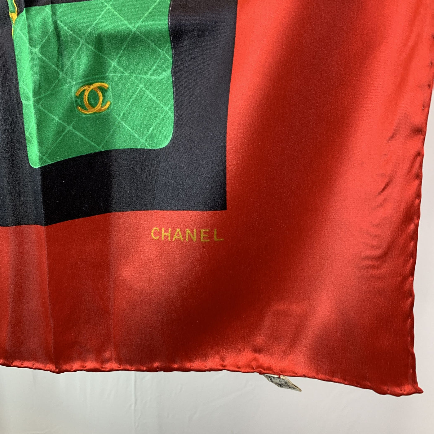 Chanel Vintage Red Silk Scarf Classic Matelasse Flap Bag Print