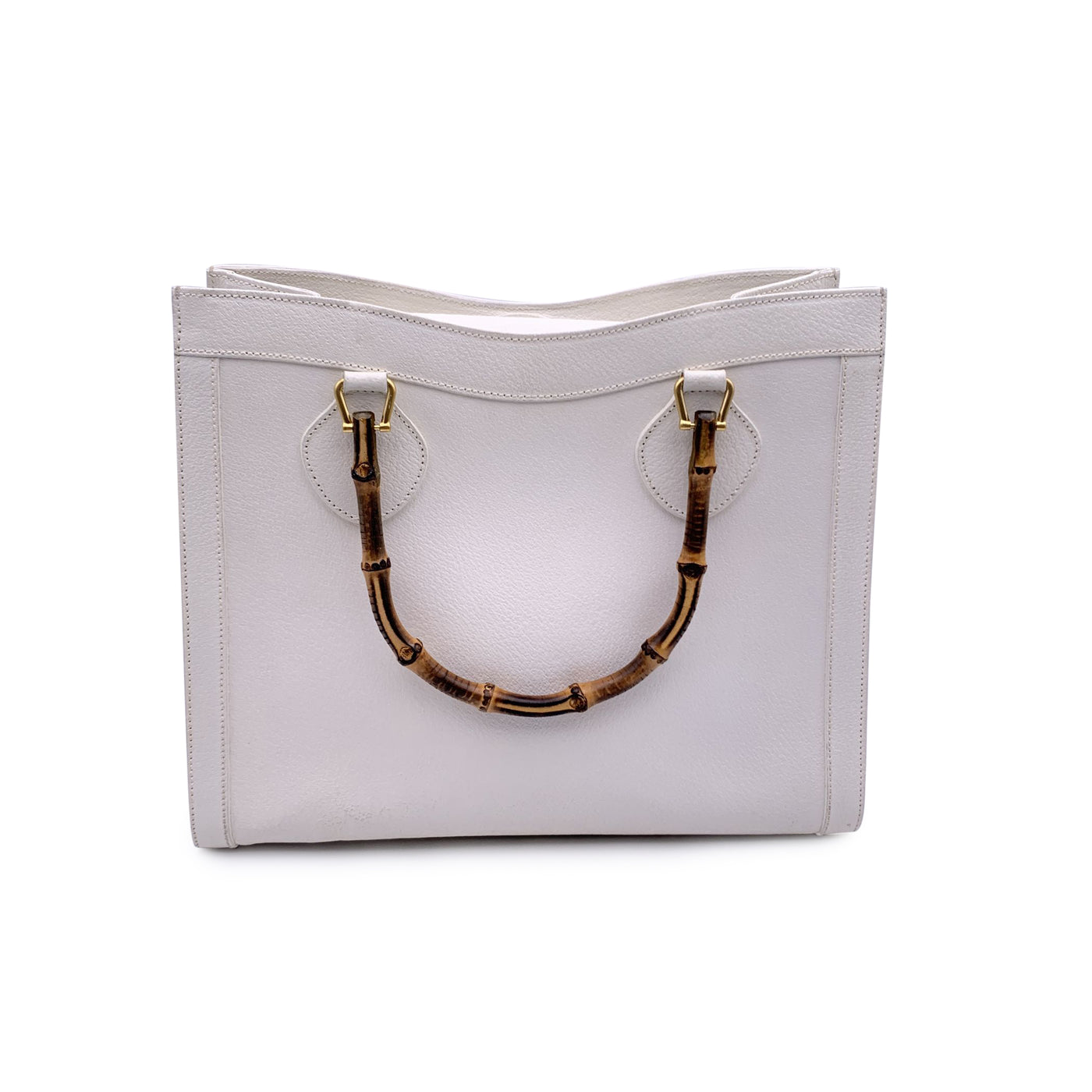 Gucci Vintage White Leather Bamboo Princess Diana Tote Bag