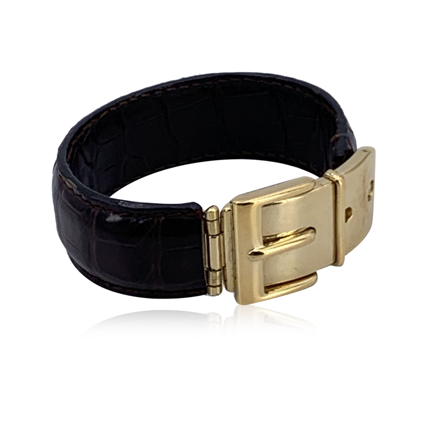 Gucci Vintage Brown Leather Belt Bangle Cuff Bracelet Gold Buckle
