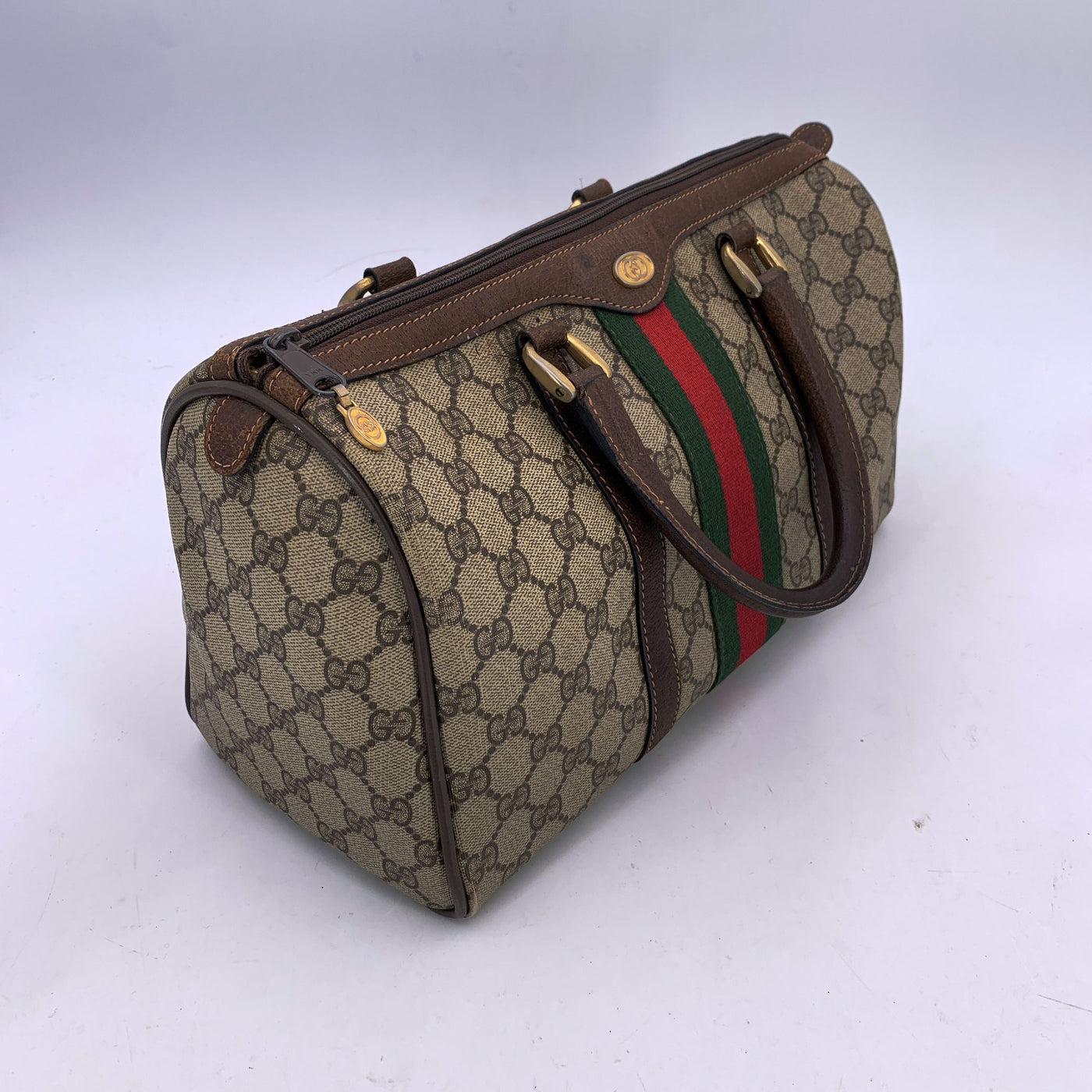 Gucci Vintage Brown Monogram Canvas Leather Web Boston Bag