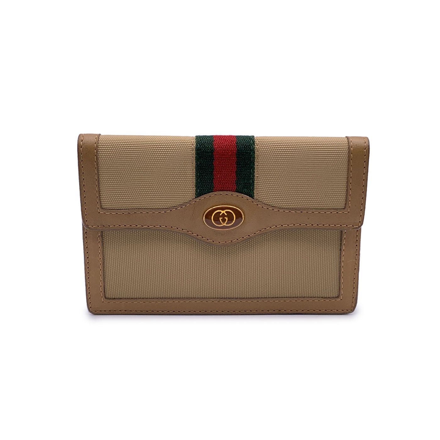 Gucci Vintage Beige Canvas Small Flap Wallet Coin Purse with Stripes